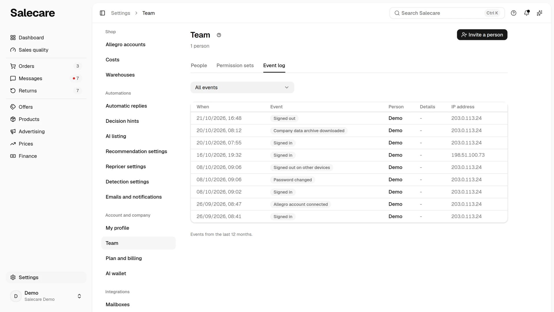The Event log tab with sign-ins, a password change and an Allegro account connection, and the IP address of every event