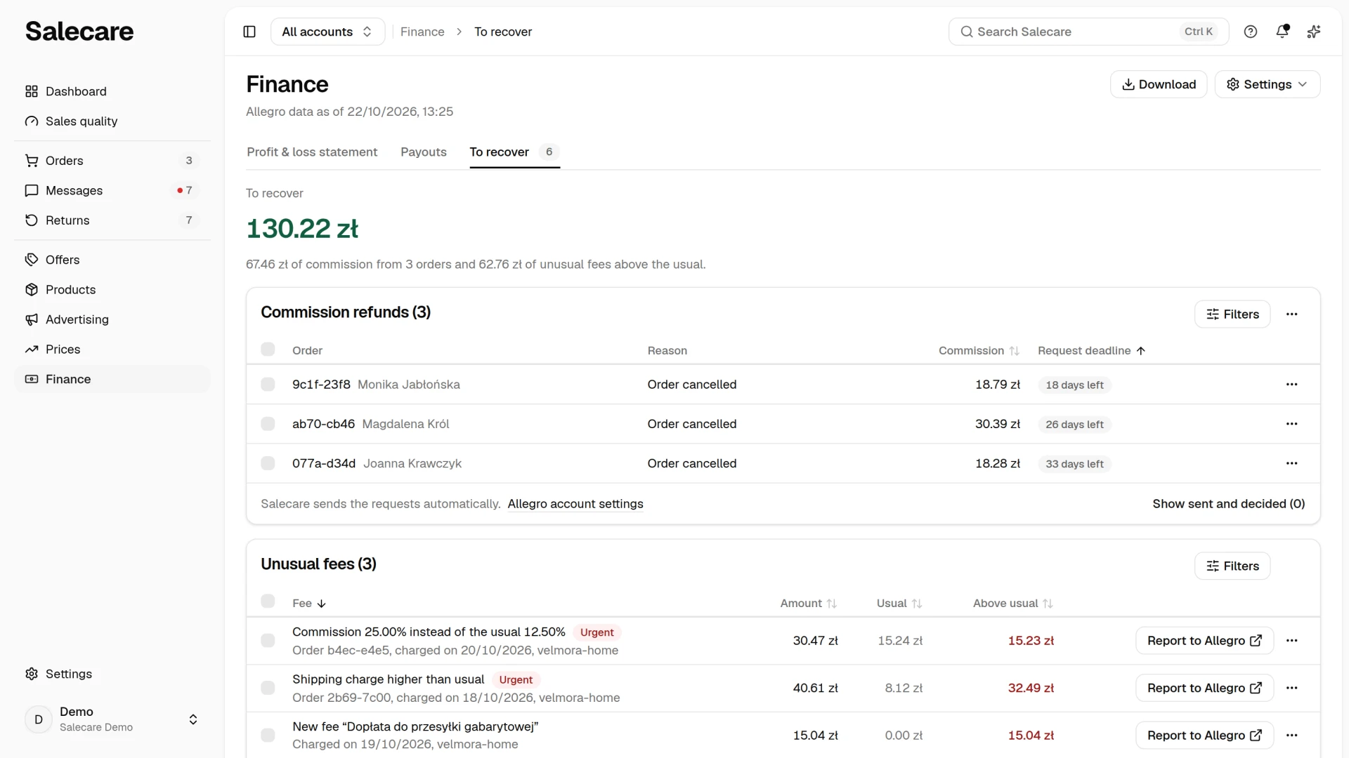 The To recover tab with the amount to recover and the Commission refunds card