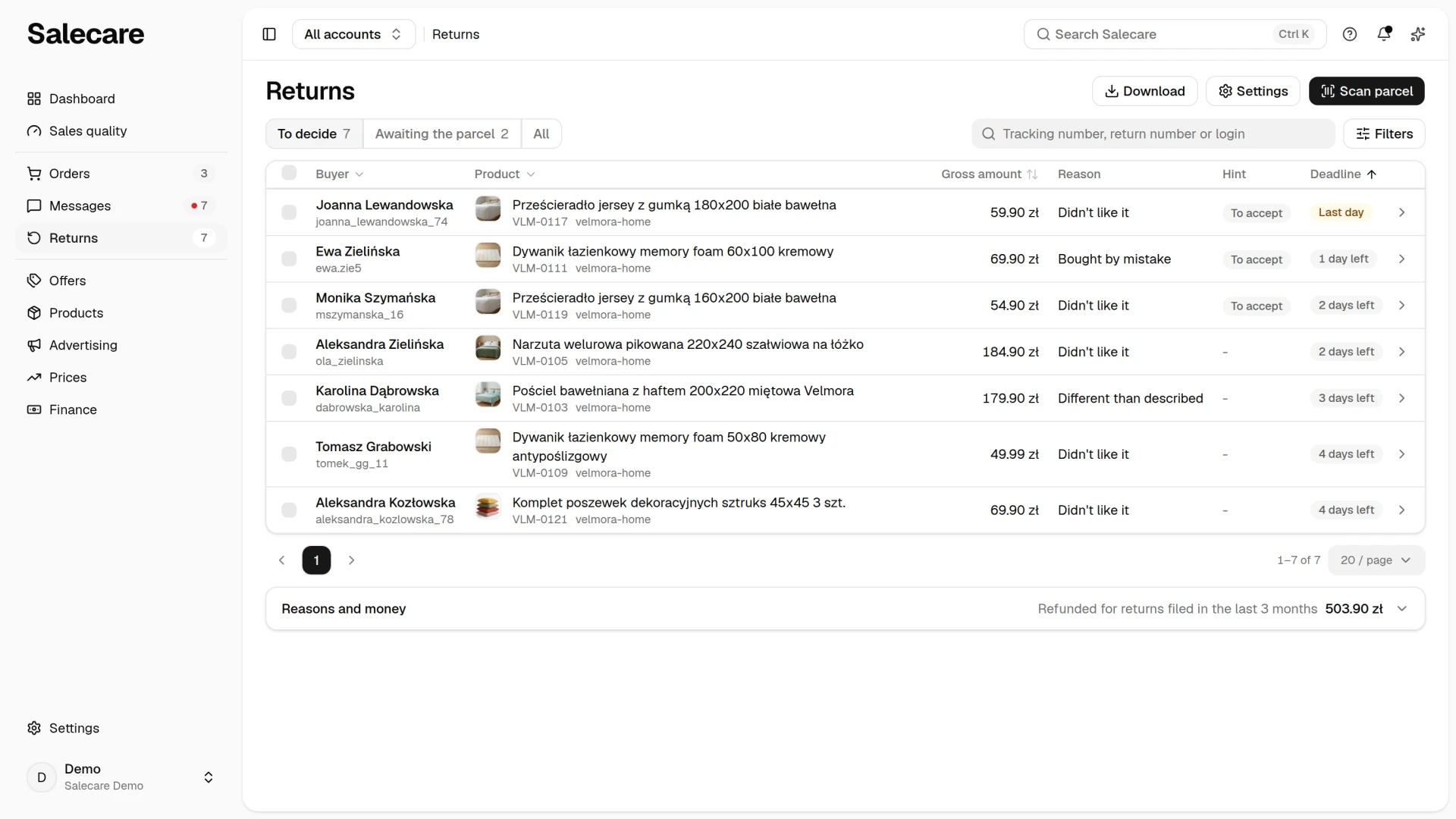 The list of returns with the views, the search box, the filters and the Reasons and money section