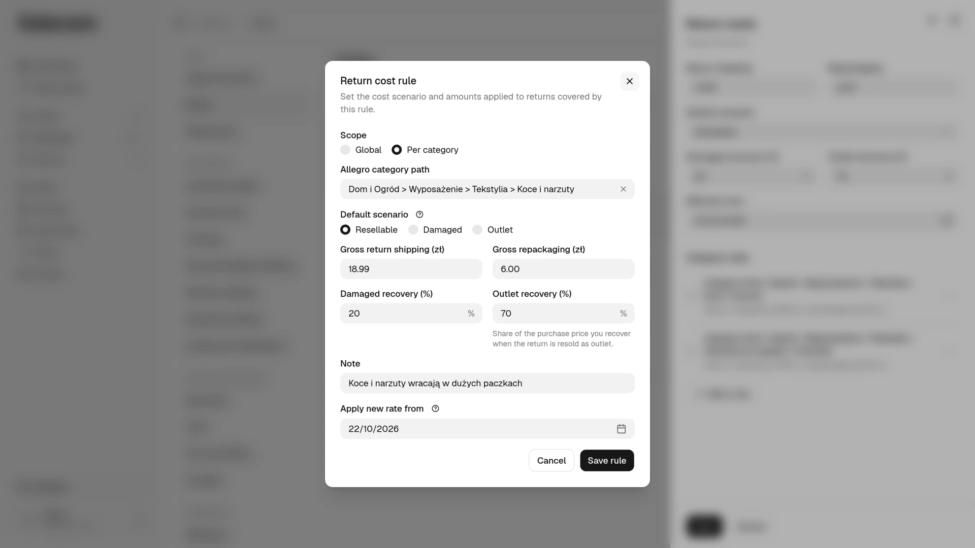 The return cost rule dialog with the "Apply new rate from" field