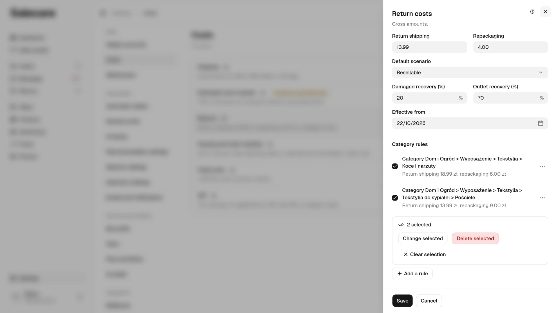 Selected return cost rules with the bulk action bar