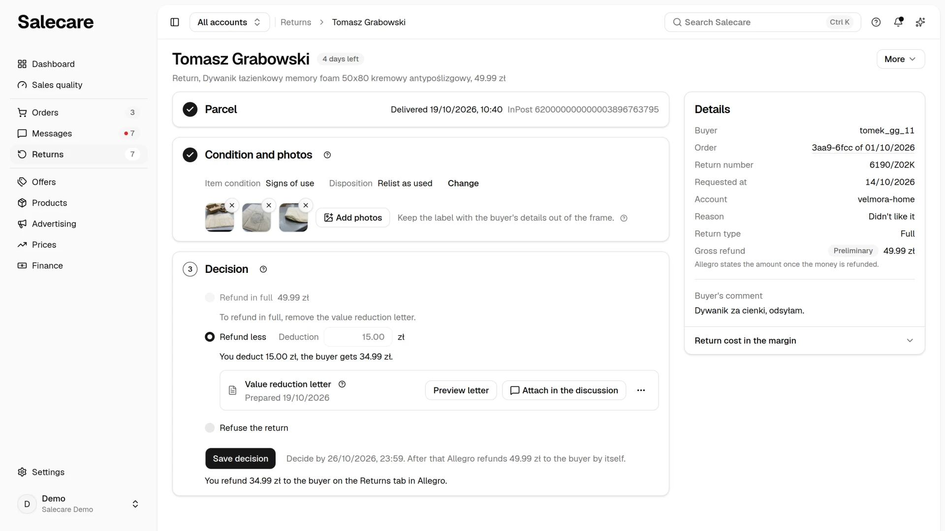 The Condition and photos step with three thumbnails of photos at receiving and the Add photos button