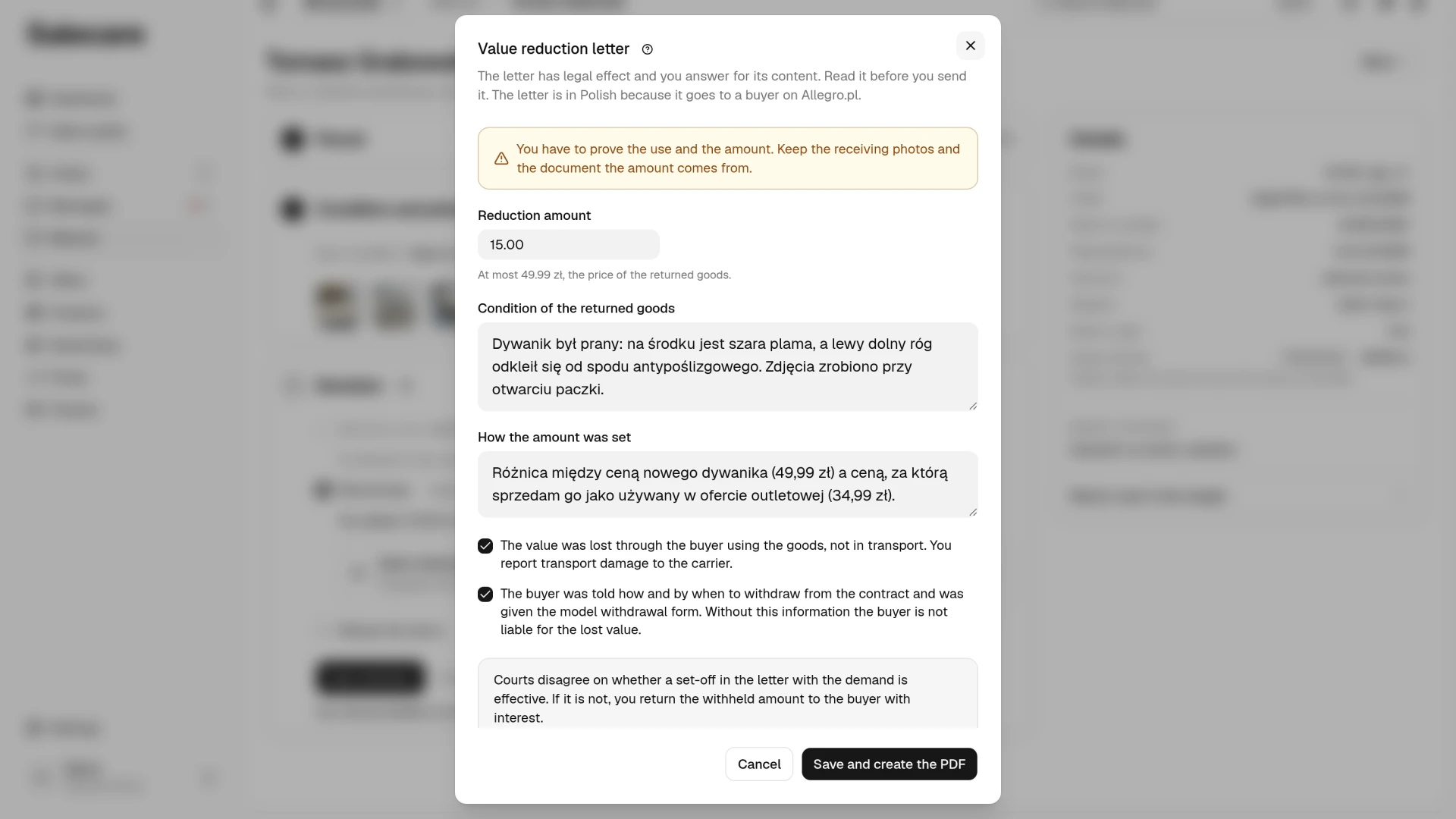 The Value reduction letter window with the warning about proof, the Reduction amount field, the two text paragraphs and the two confirmations