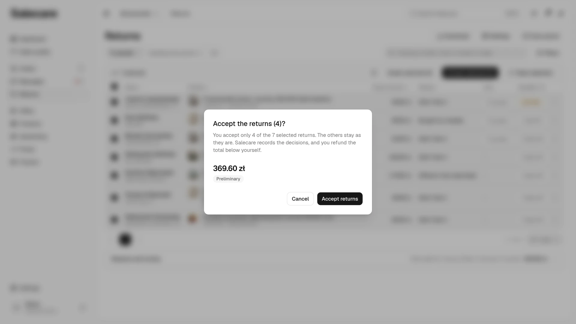 The bulk accept confirmation naming how many of the ticked returns it covers, with the total refund