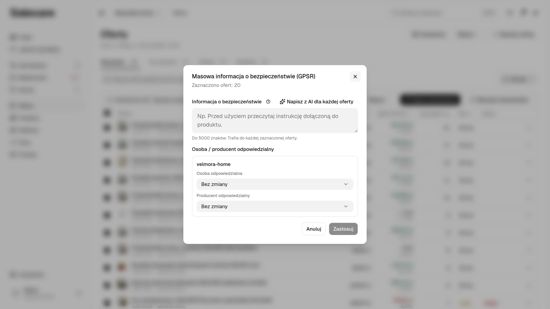 Okno Masowa informacja o bezpieczeństwie GPSR z polem informacji o bezpieczeństwie i sekcją podmiotów