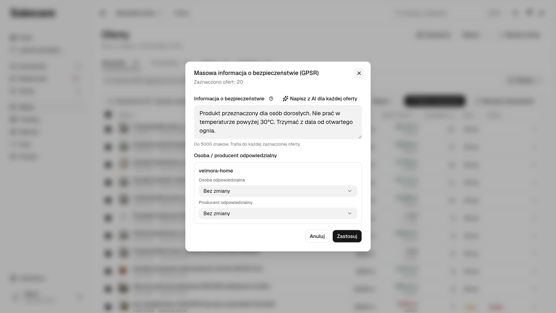 Wypełniona informacja o bezpieczeństwie w oknie masowej akcji GPSR