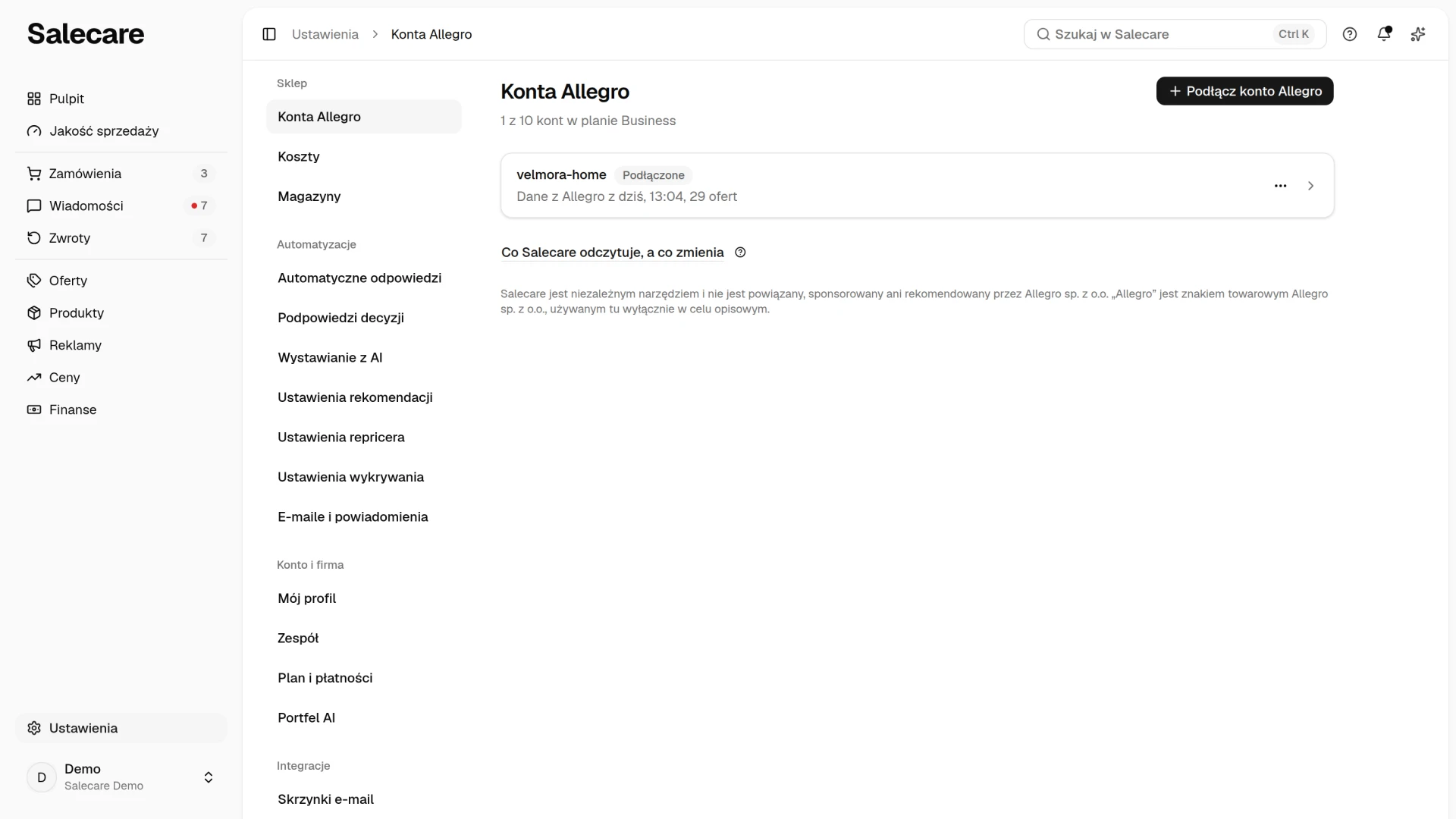 Lista Konta Allegro z wierszem konta, którego kliknięcie otwiera Ustawienia konta