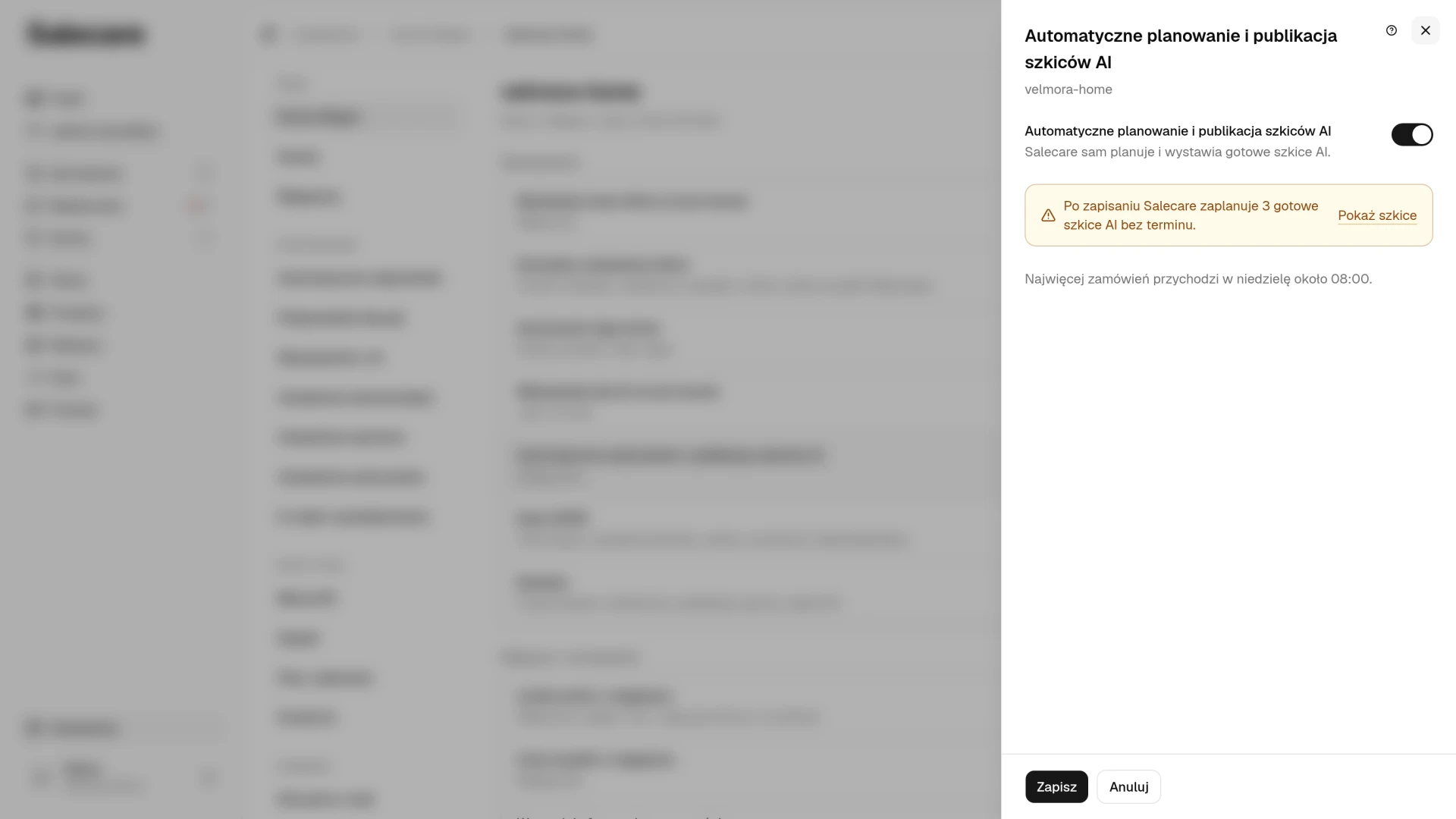 Panel Automatyczne planowanie i publikacja szkiców AI z przełącznikiem i liczbą szkiców do zaplanowania