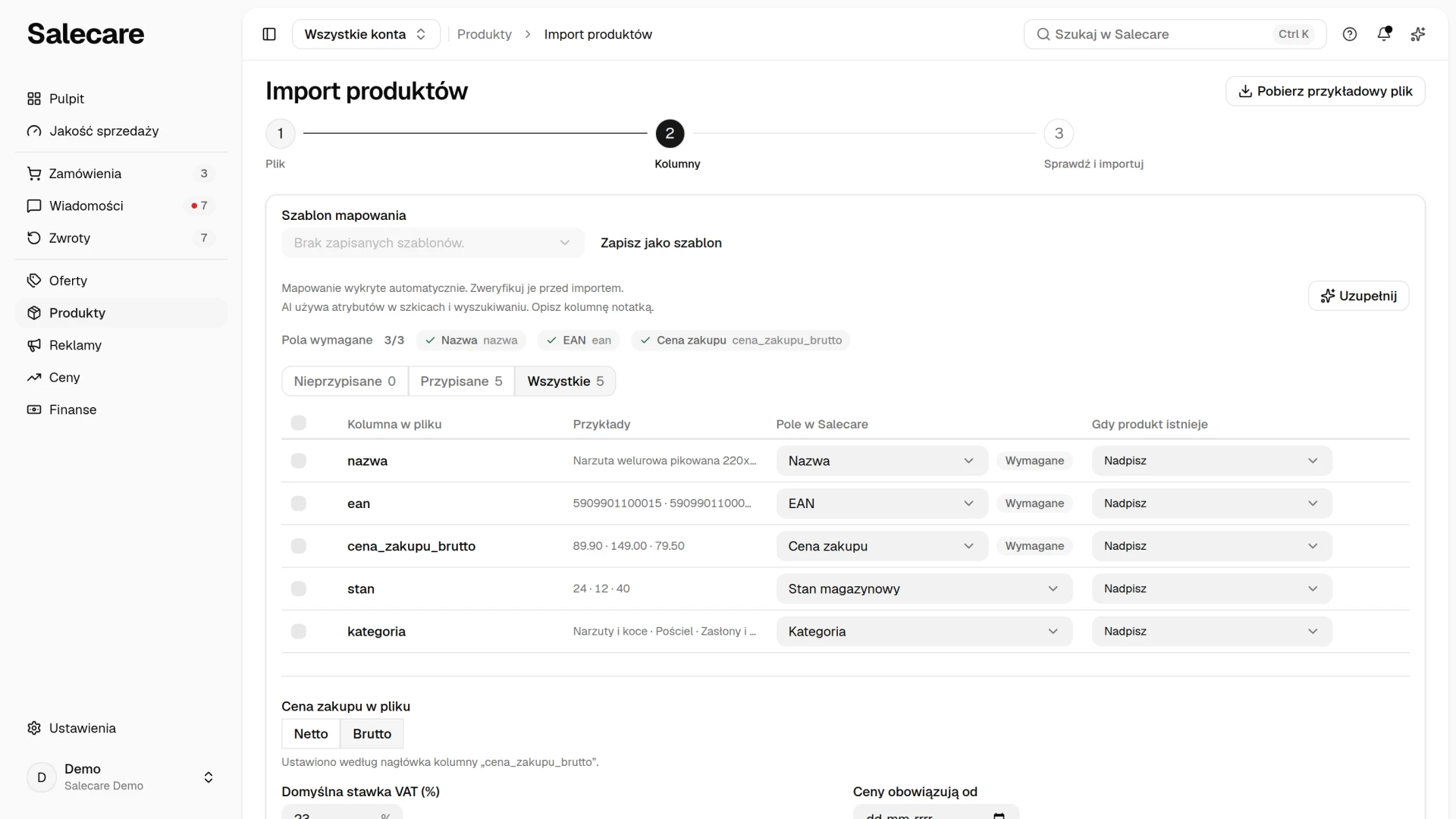 Przypisanie kolumn pliku do pól produktu z przykładowymi wartościami