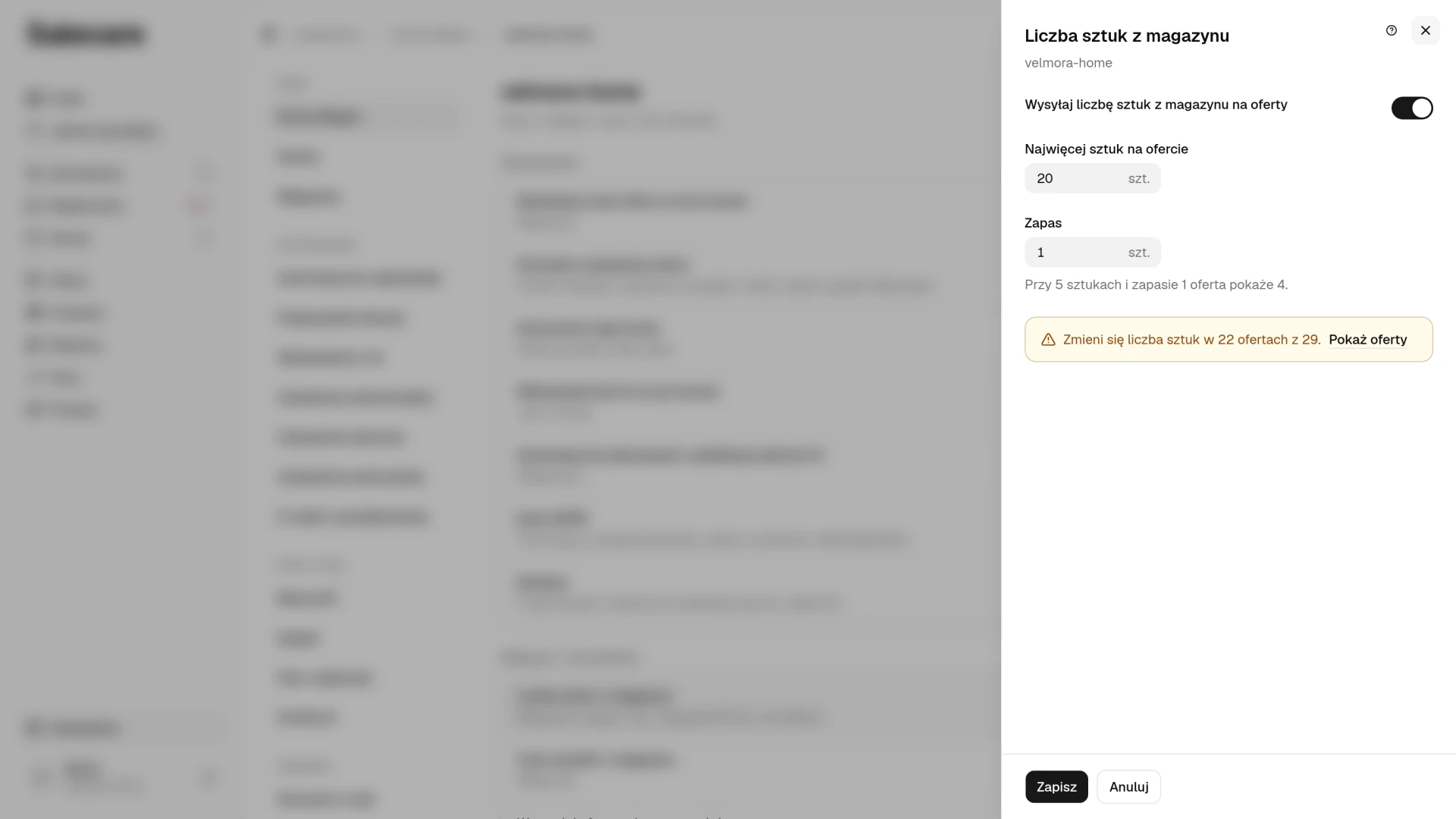Panel Liczba sztuk z magazynu w Ustawieniach konta Allegro z przełącznikiem, polami Najwięcej sztuk na ofercie i Zapas oraz liczbą ofert, w których zmieni się liczba sztuk