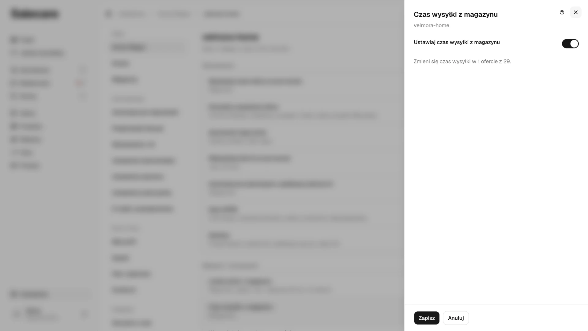 Panel Czas wysyłki z magazynu z liczbą ofert, w których zmieni się czas wysyłki