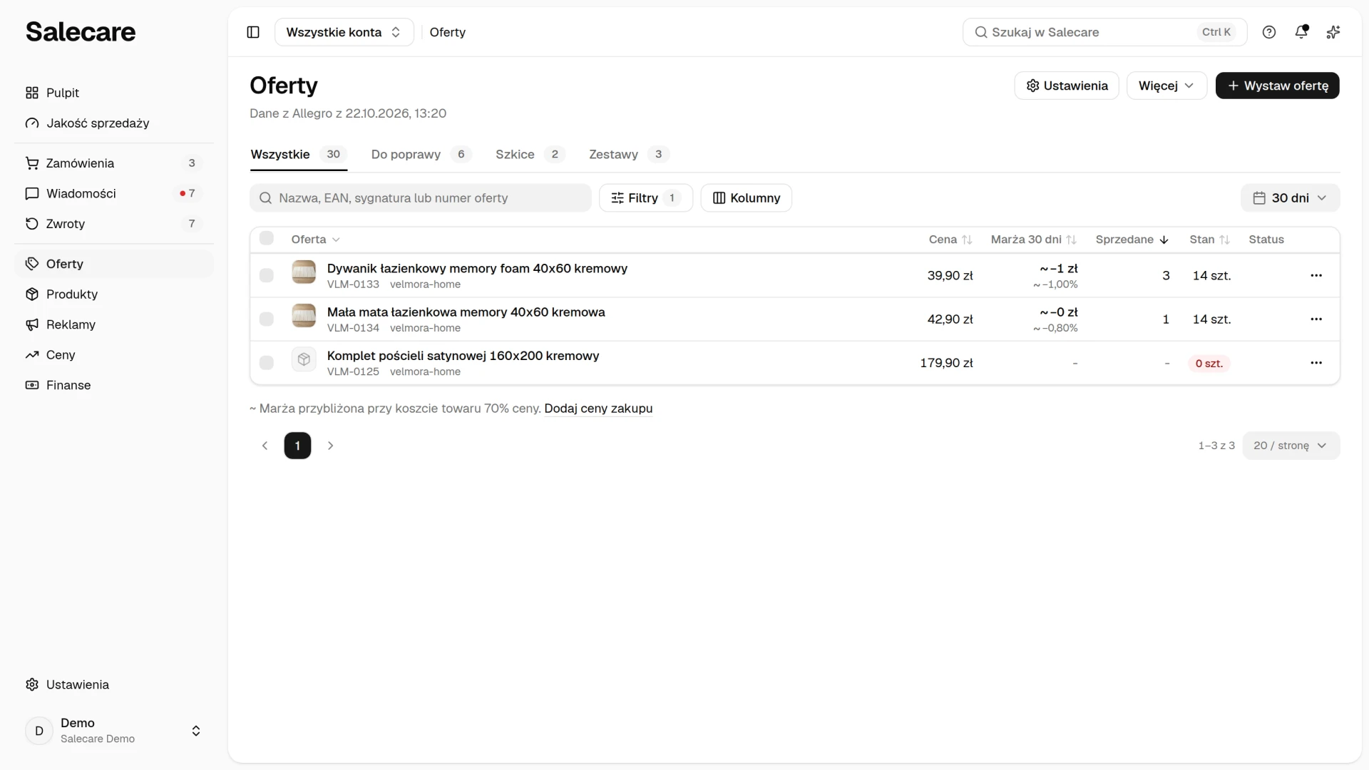 Lista ofert z polem Produkt ustawionym na „Bez produktu” i zdaniem, że marża jest przybliżona