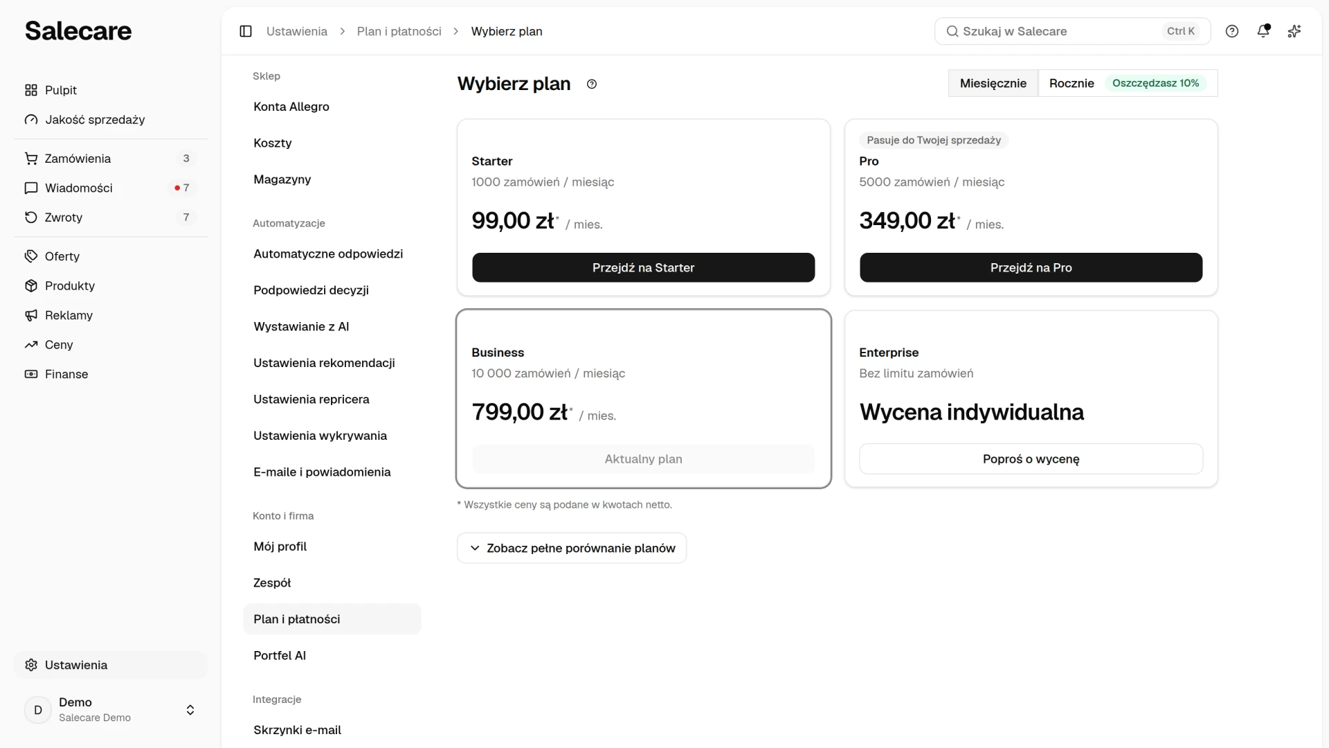 Strona Wybierz plan z przełącznikiem Miesięcznie i Rocznie i kartami planów Starter, Pro, Business i Enterprise