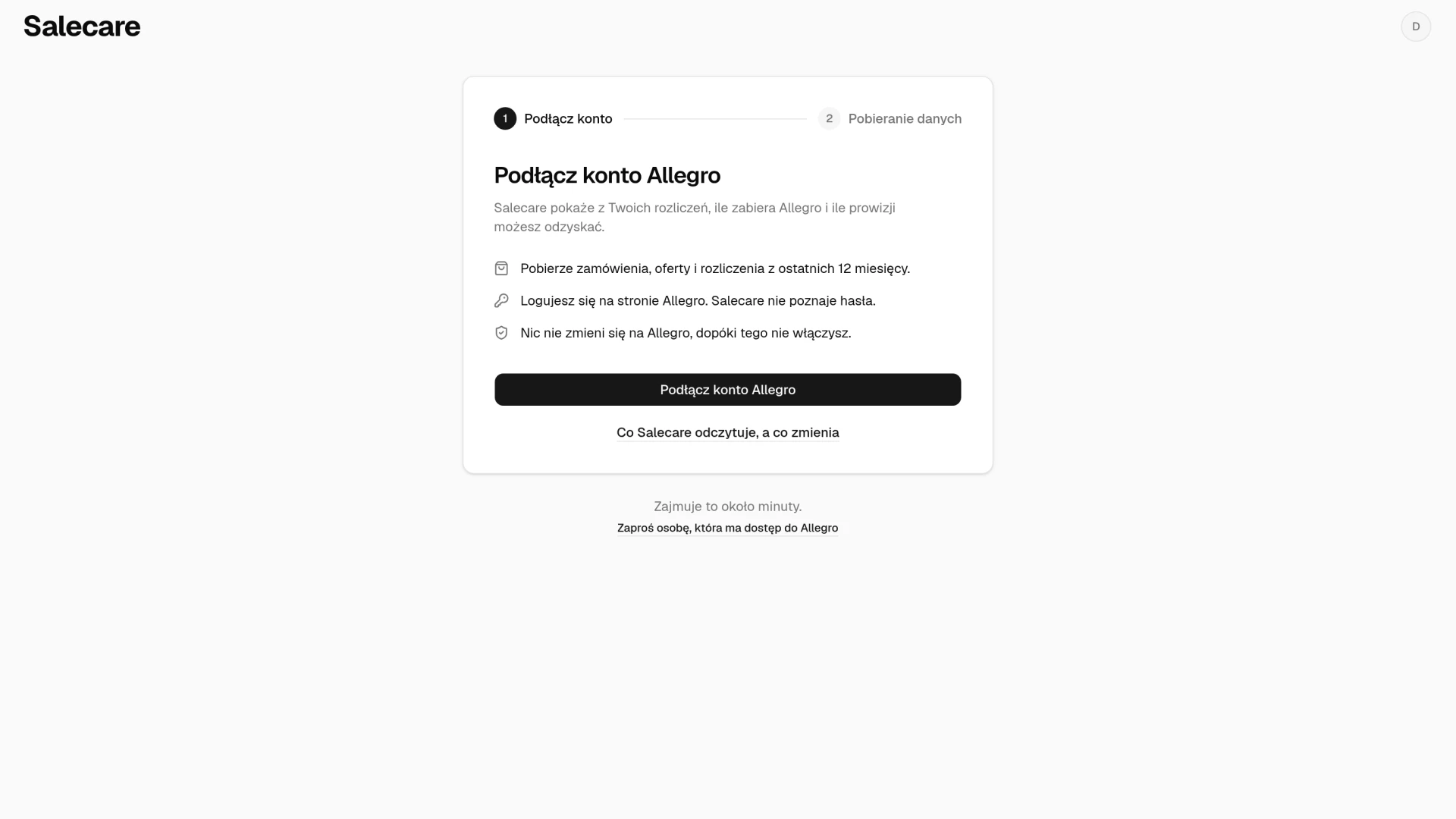 Strona „Podłącz konto Allegro” z przyciskiem i odnośnikiem „Co Salecare odczytuje, a co zmienia”