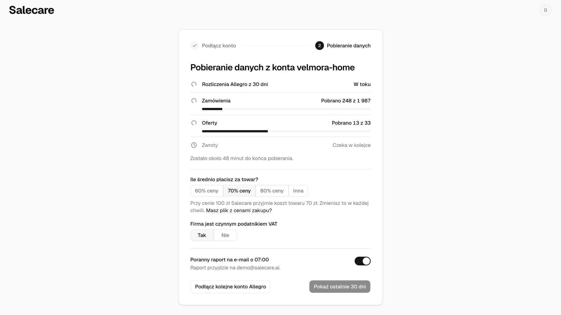 Strona Pobieranie danych z czterema wierszami pobierania, pytaniami i przełącznikiem porannego raportu