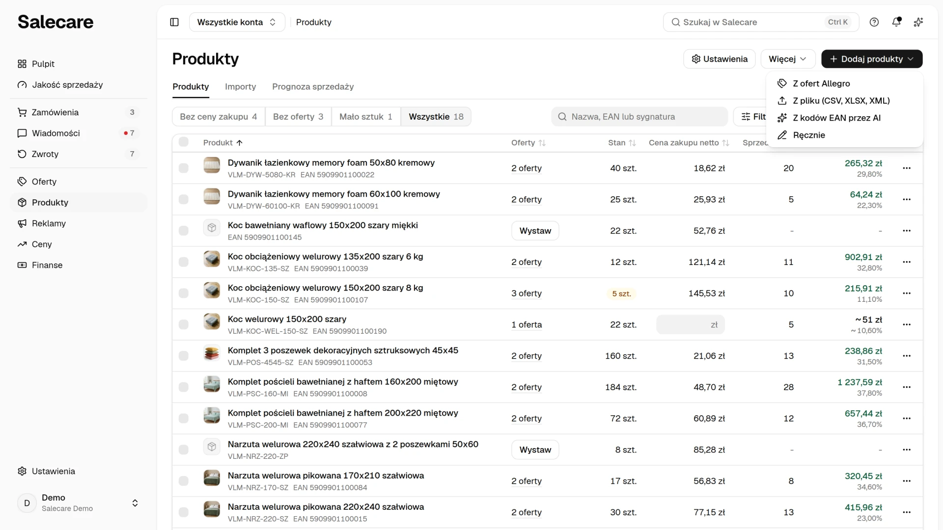 Lista produktów z przełącznikiem szybkich filtrów, tabelą i menu Dodaj produkty
