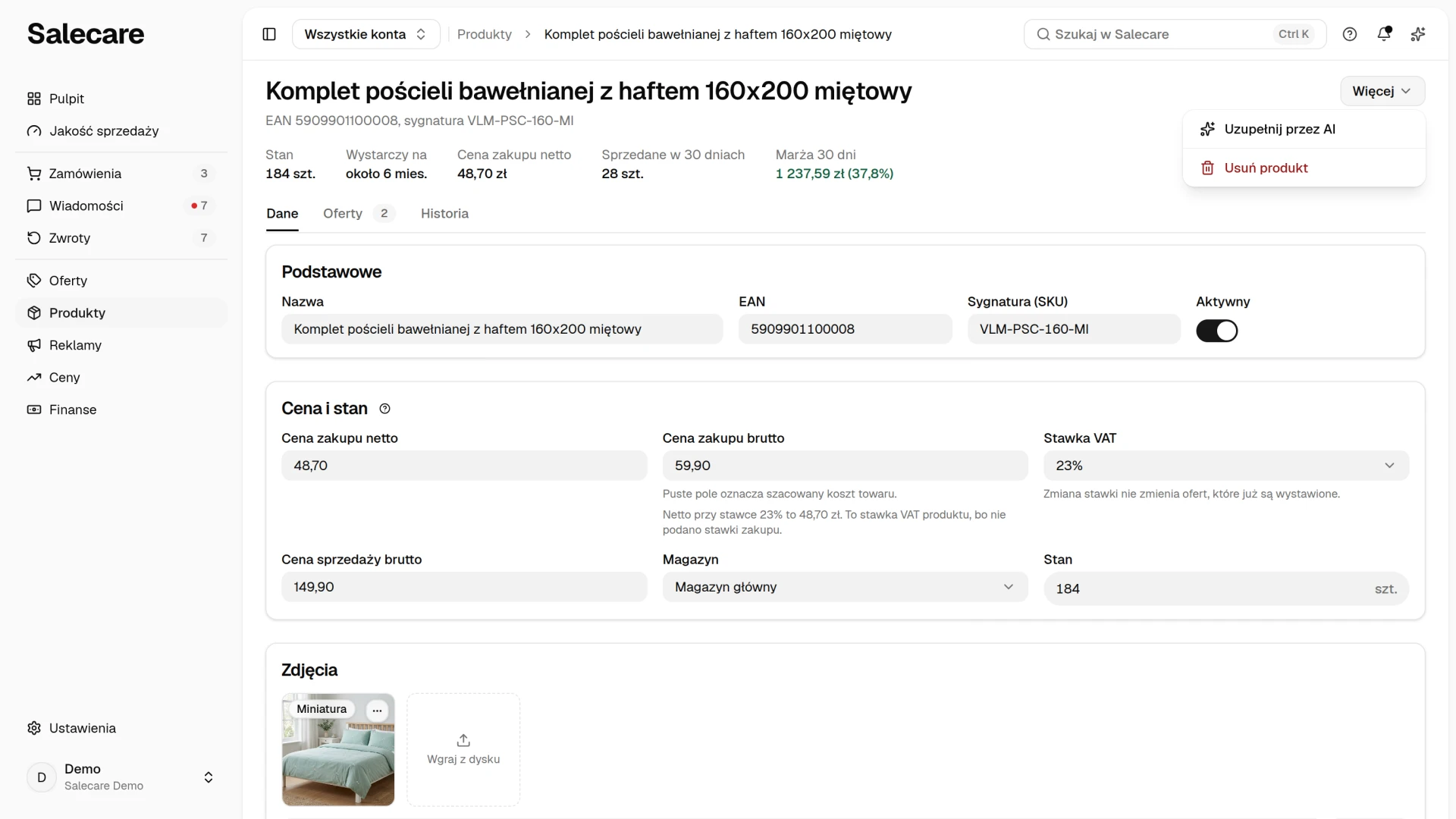 Karta produktu z liczbami z 30 dni, zakładkami Dane, Oferty i Historia oraz sekcjami Podstawowe i Cena i stan