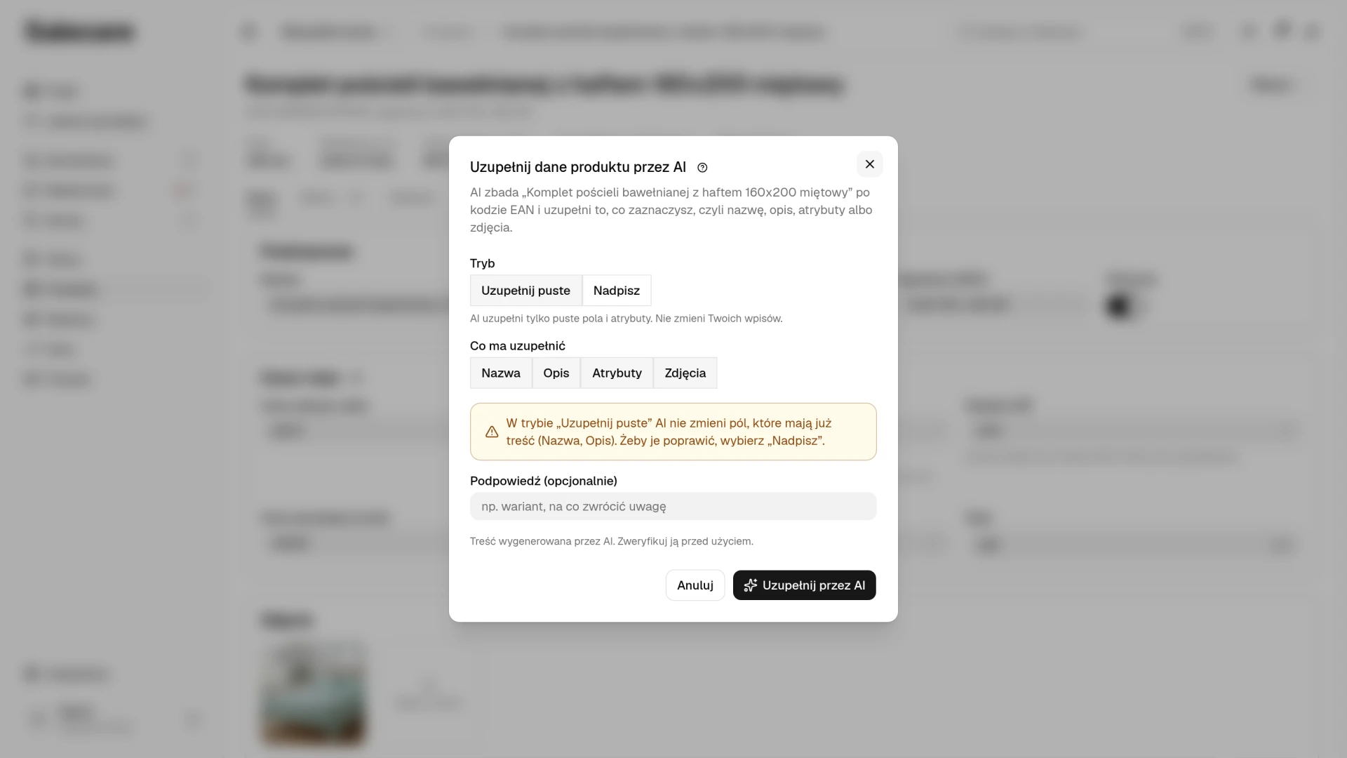 Dialog „Uzupełnij dane produktu przez AI” z trybami „Uzupełnij puste” i „Nadpisz”