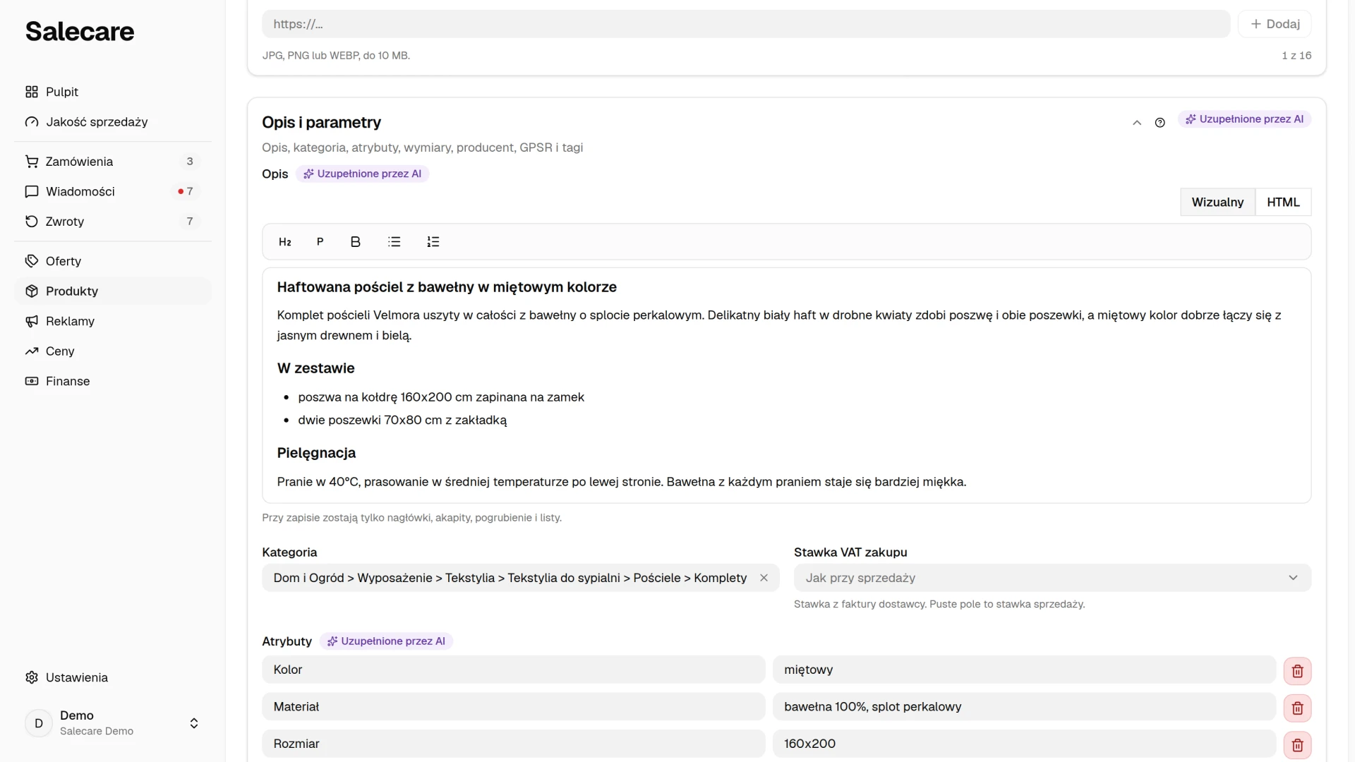 Opis produktu uzupełniony przez AI w edytorze wraz z pozostałymi polami karty