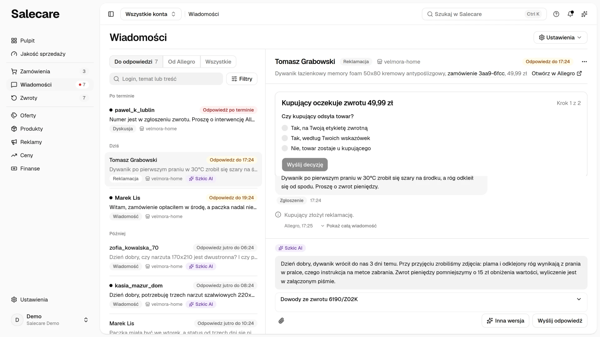 Reklamacja otwarta obok listy spraw