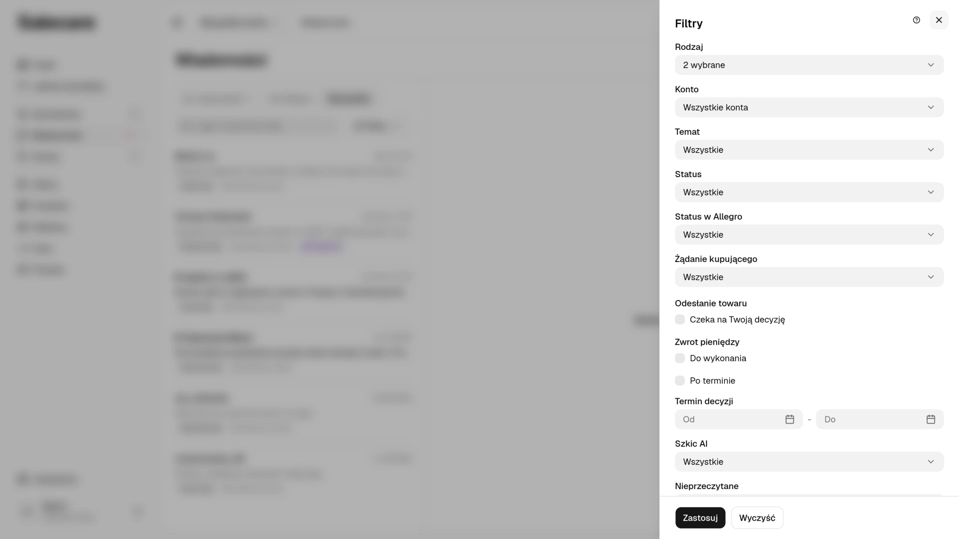 Panel Filtry nad listą wiadomości z kryteriami sprawy