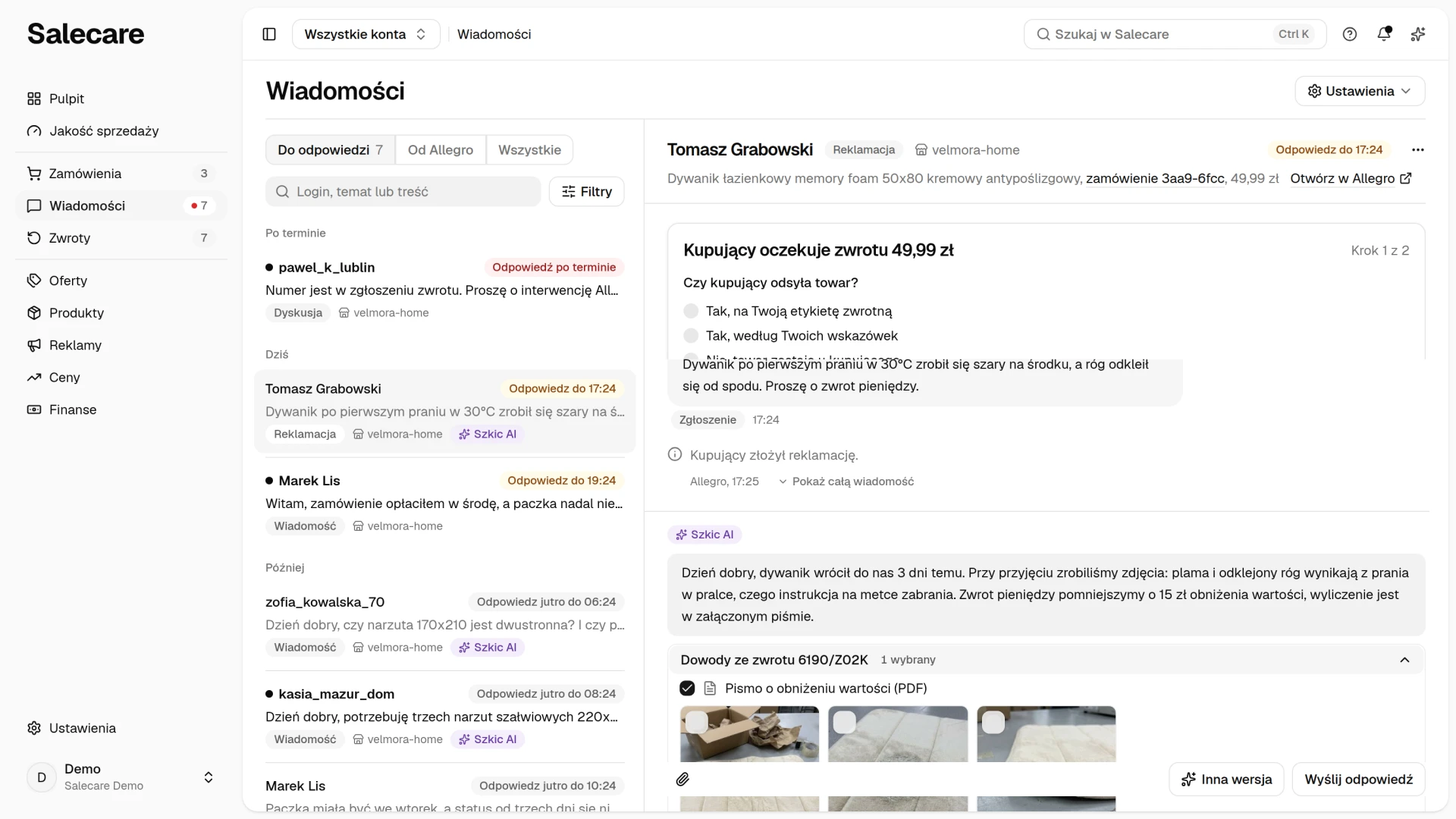 Lista Dowody ze zwrotu pod polem odpowiedzi w reklamacji z zaznaczonym pismem o obniżeniu wartości i zdjęciami z przyjęcia