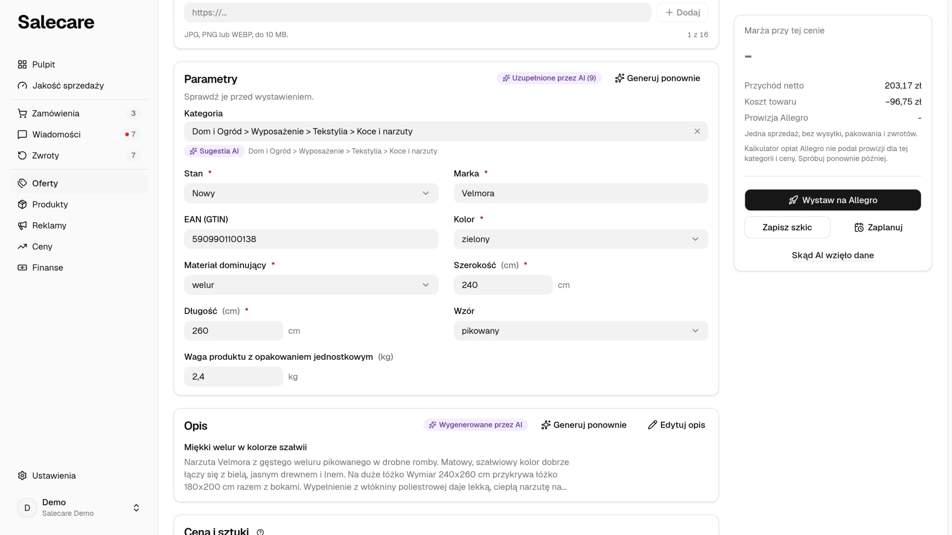 Sekcja Parametry z kategorią i fioletową plakietką „Uzupełnione przez AI” w nagłówku