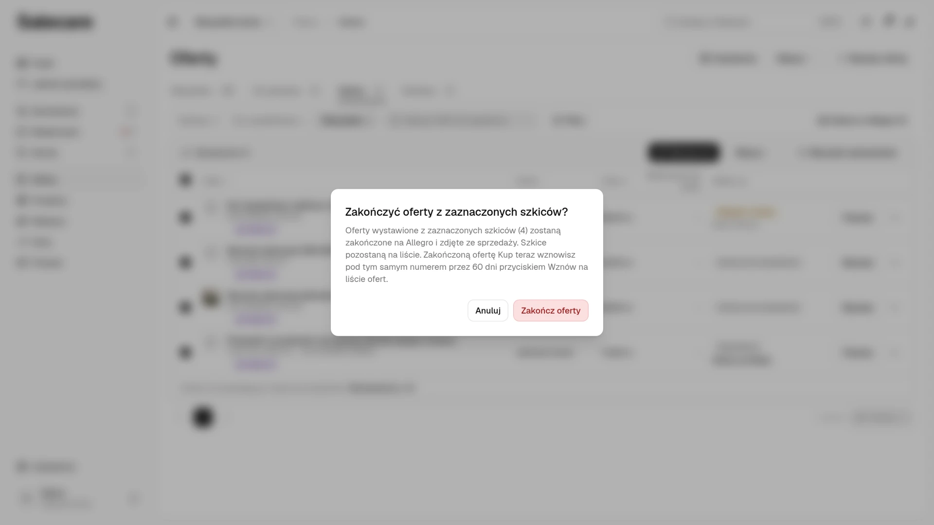 Okno potwierdzenia masowego zakończenia ofert dla zaznaczonych szkiców