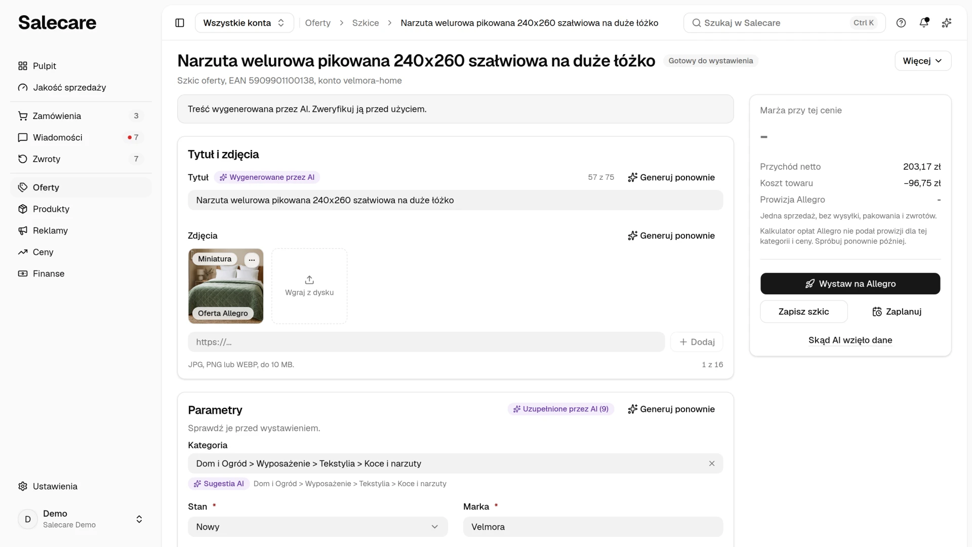 Gotowy szkic oferty z kontekstem generowania, kategorią, tytułem i parametrami