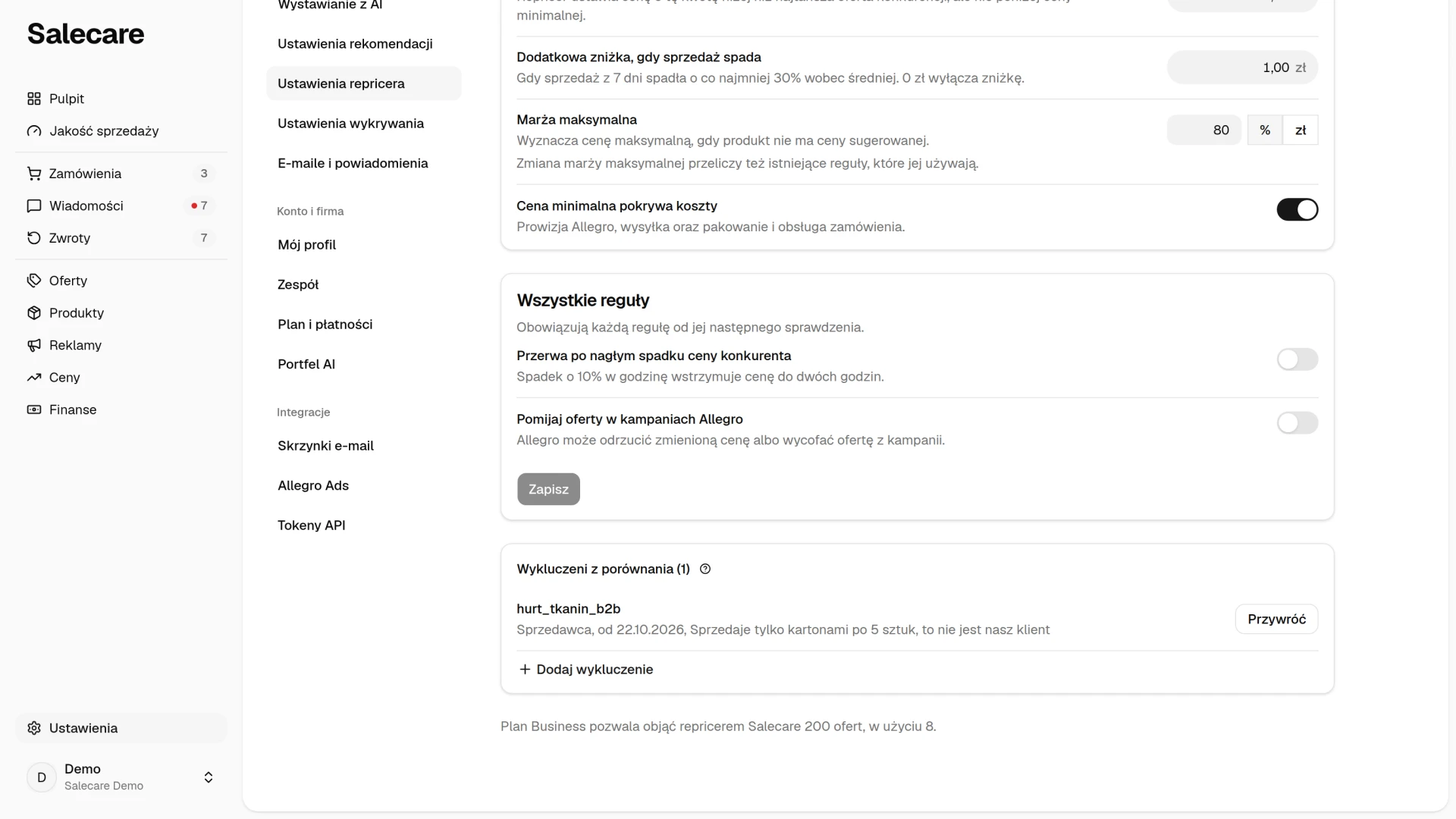 Lista „Wykluczeni z porównania” na stronie Ustawienia repricera, z formularzem i listą z jednym wykluczonym sprzedawcą