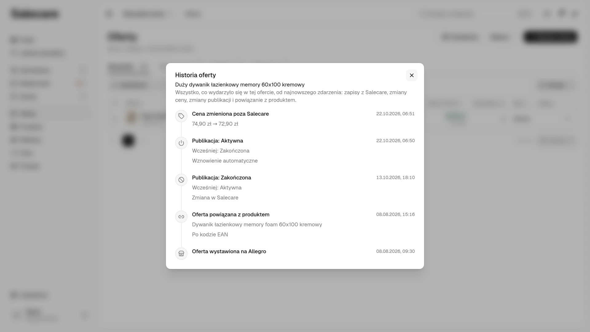 Historia oferty z wpisem „Publikacja: Aktywna”, poprzednim stanem „Zakończona” i źródłem „Wznowienie automatyczne”, a nad nim ceną zmienioną poza Salecare