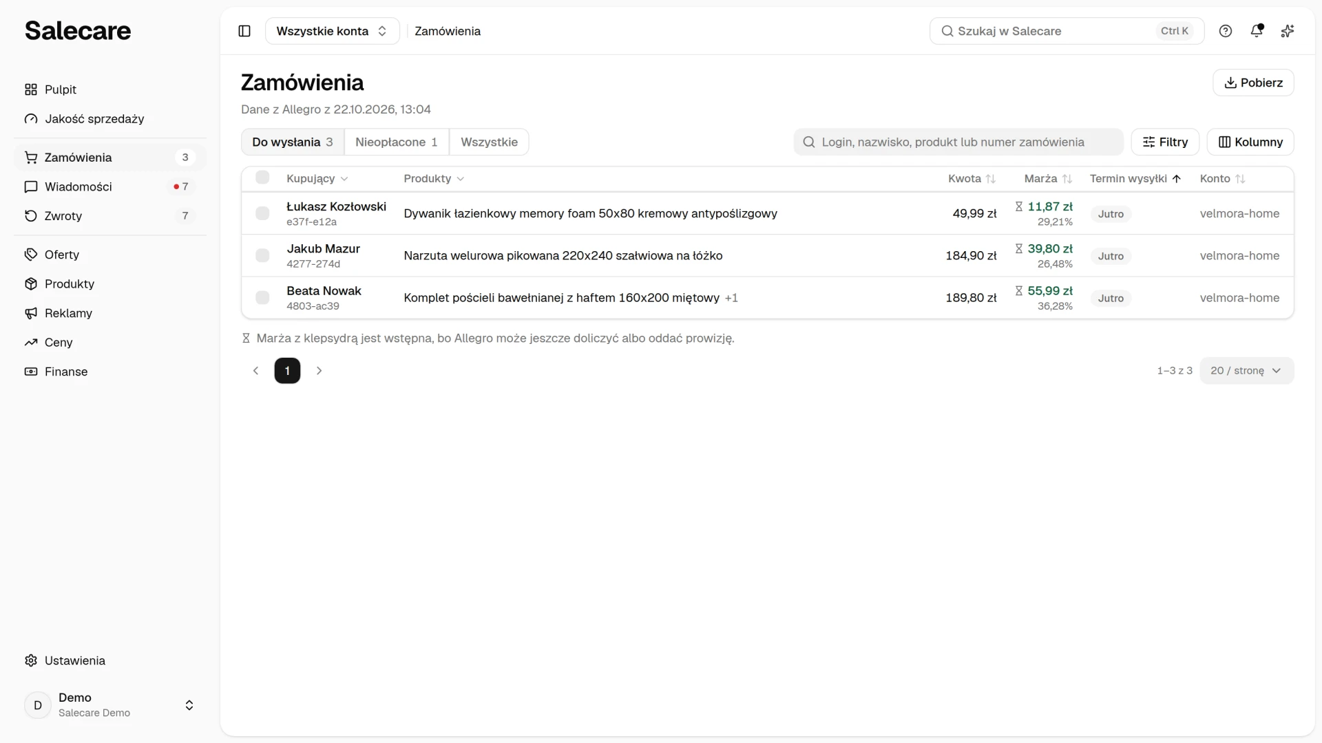 Lista zamówień ze statusami i rozliczeniem