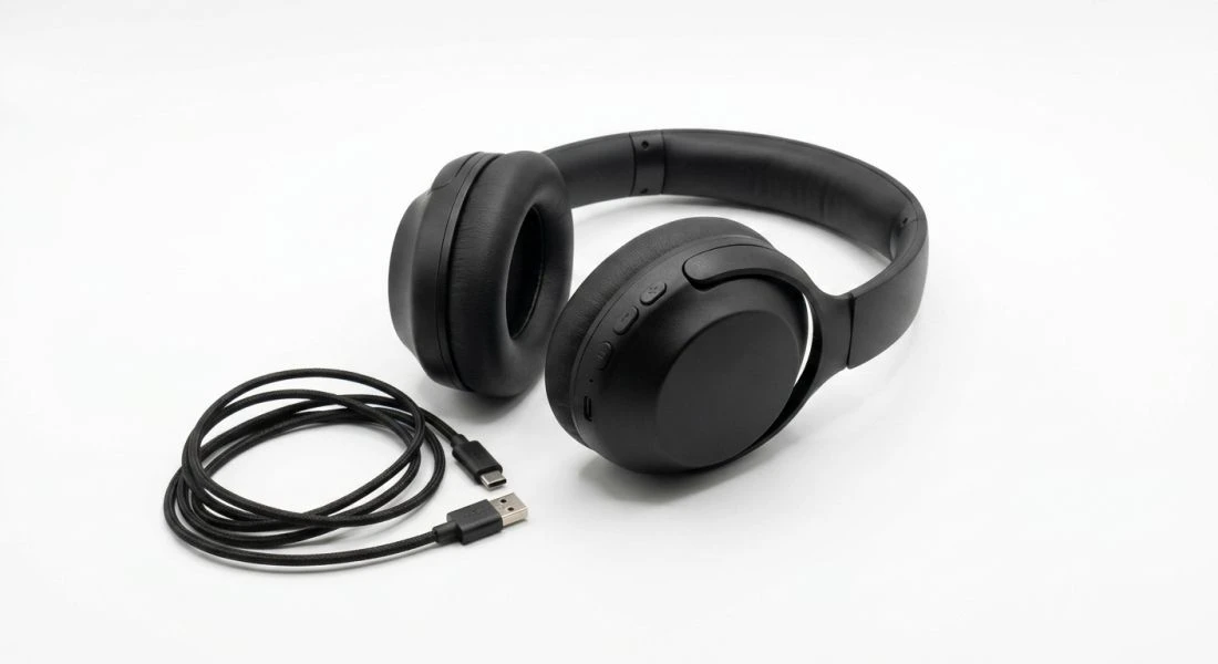Black over-ear headphones with a cable on a light, seamless backdrop, generated in Studio AI