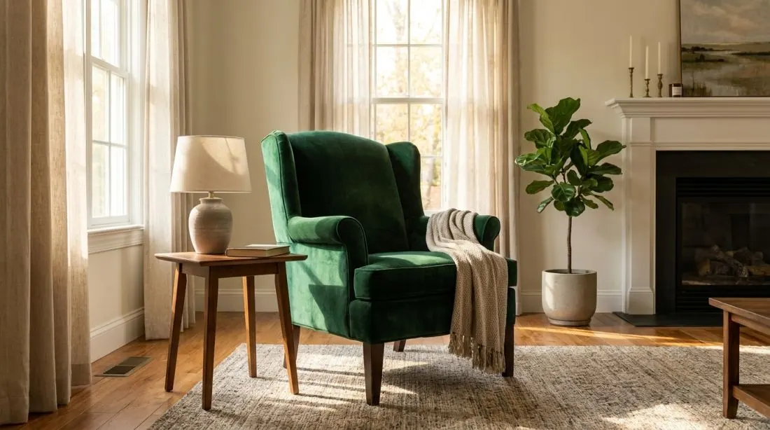A green velvet armchair staged in a bright living room by a fireplace