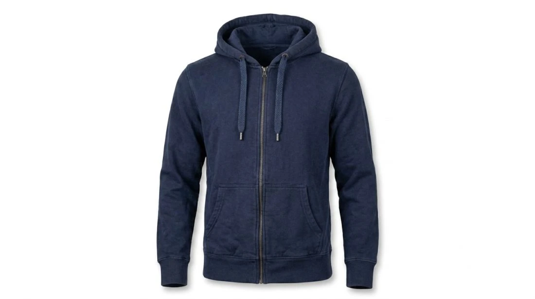 A navy hoodie shown as if on an invisible mannequin against a white background