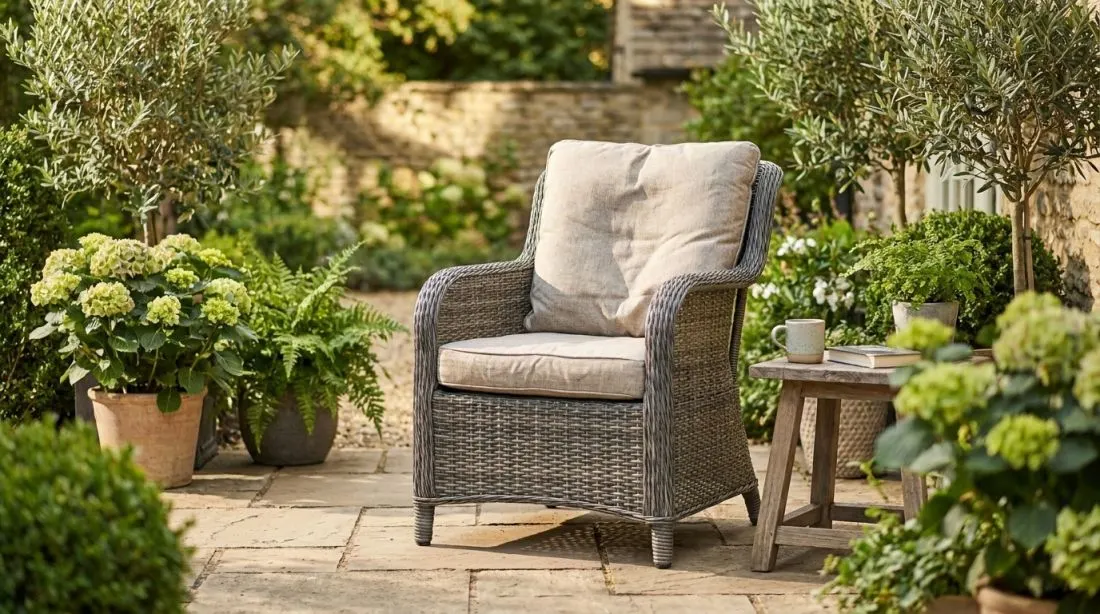 A rattan-effect garden armchair on a stone terrace surrounded by greenery