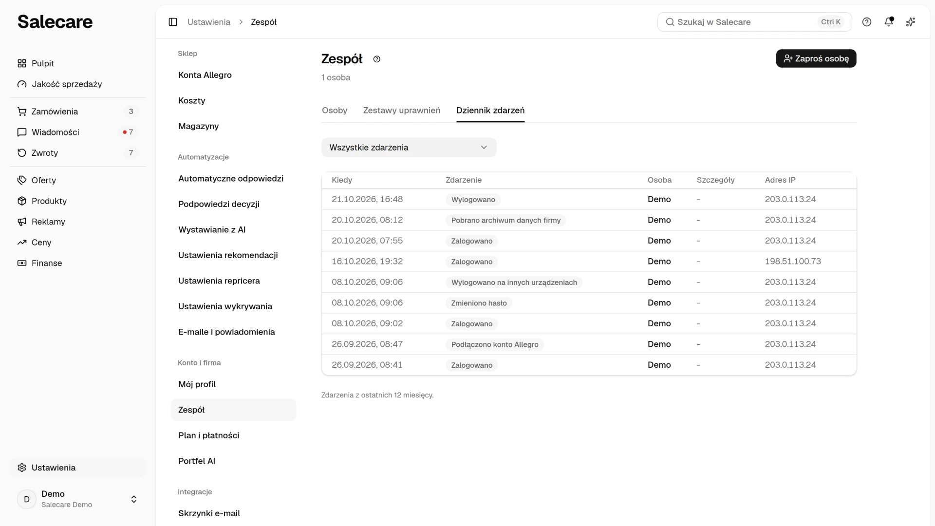 Zakładka Dziennik zdarzeń z logowaniami, zmianą hasła i podłączeniem konta Allegro oraz adresem IP przy każdym zdarzeniu