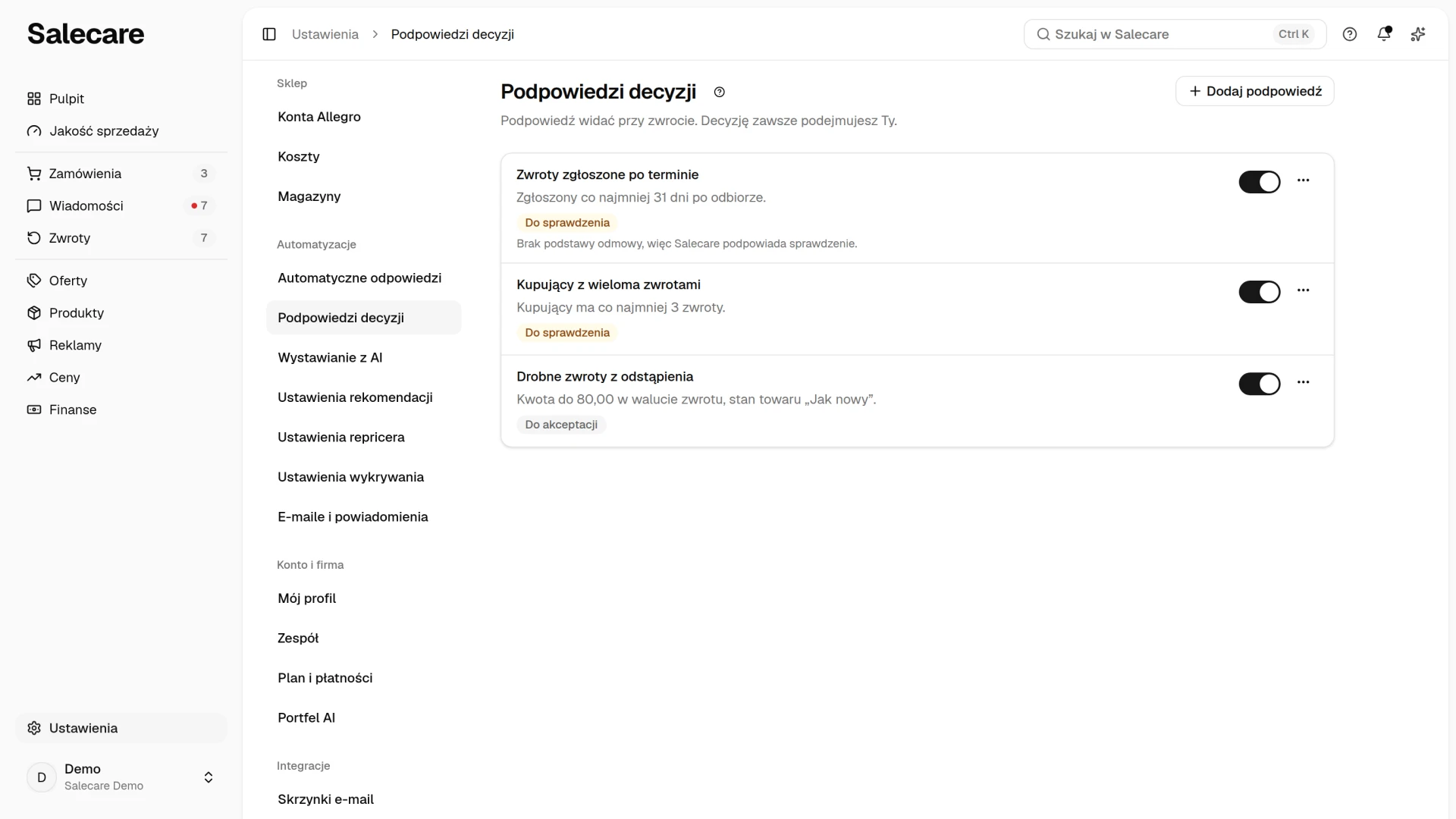 Strona Podpowiedzi decyzji z trzema podpowiedziami, w tym jedną bez podstawy odmowy, która podpowiada sprawdzenie