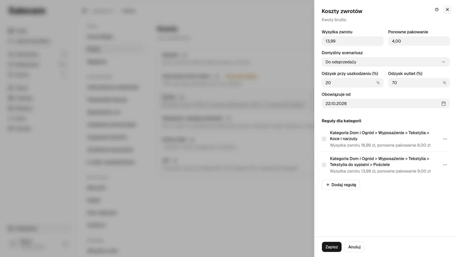 Panel Koszty zwrotów z regułą dla całej firmy i regułami dla kategorii