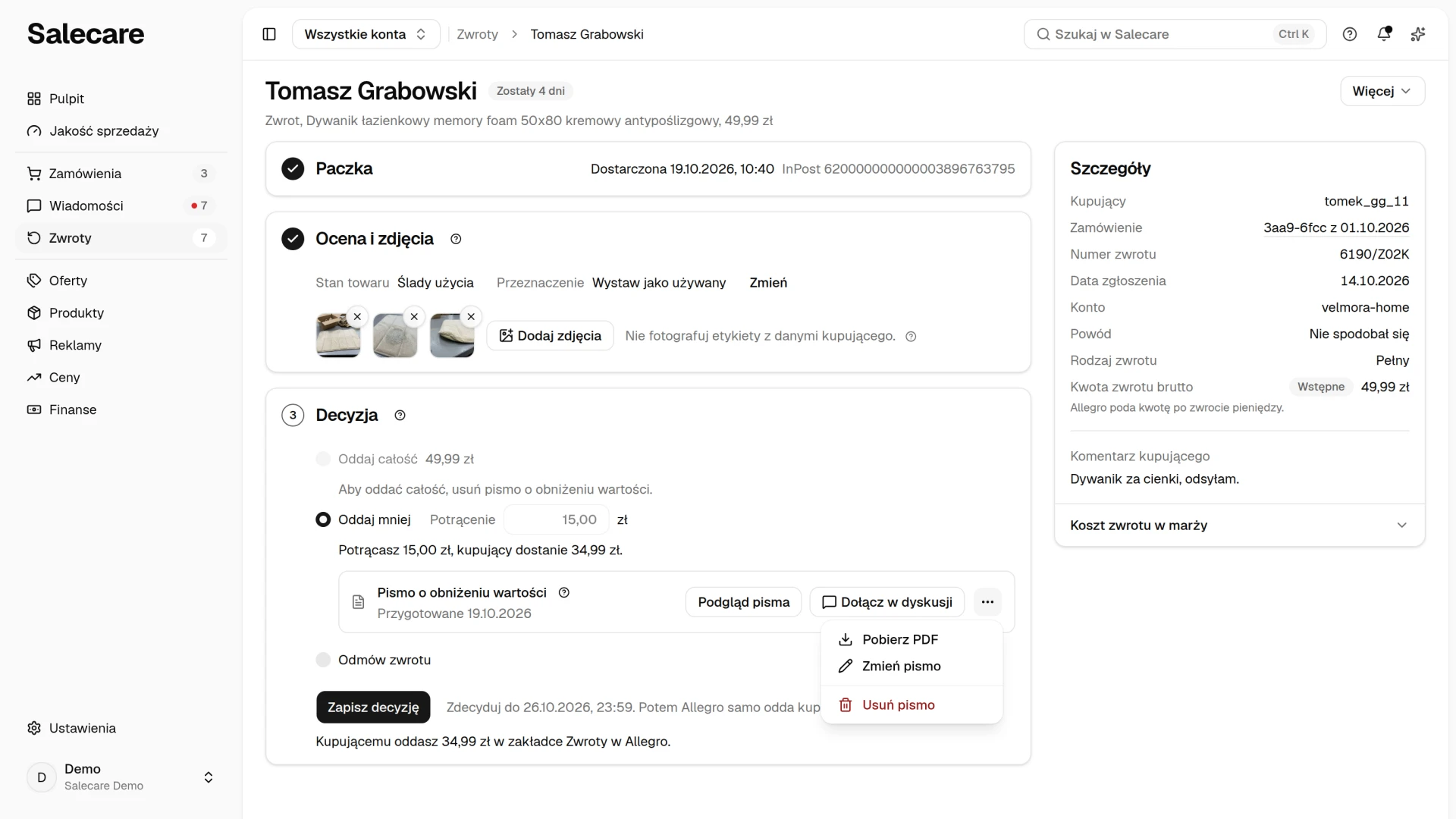Wiersz pisma pod „Oddaj mniej” z przyciskami Podgląd pisma i „Dołącz w dyskusji” oraz menu Więcej o piśmie